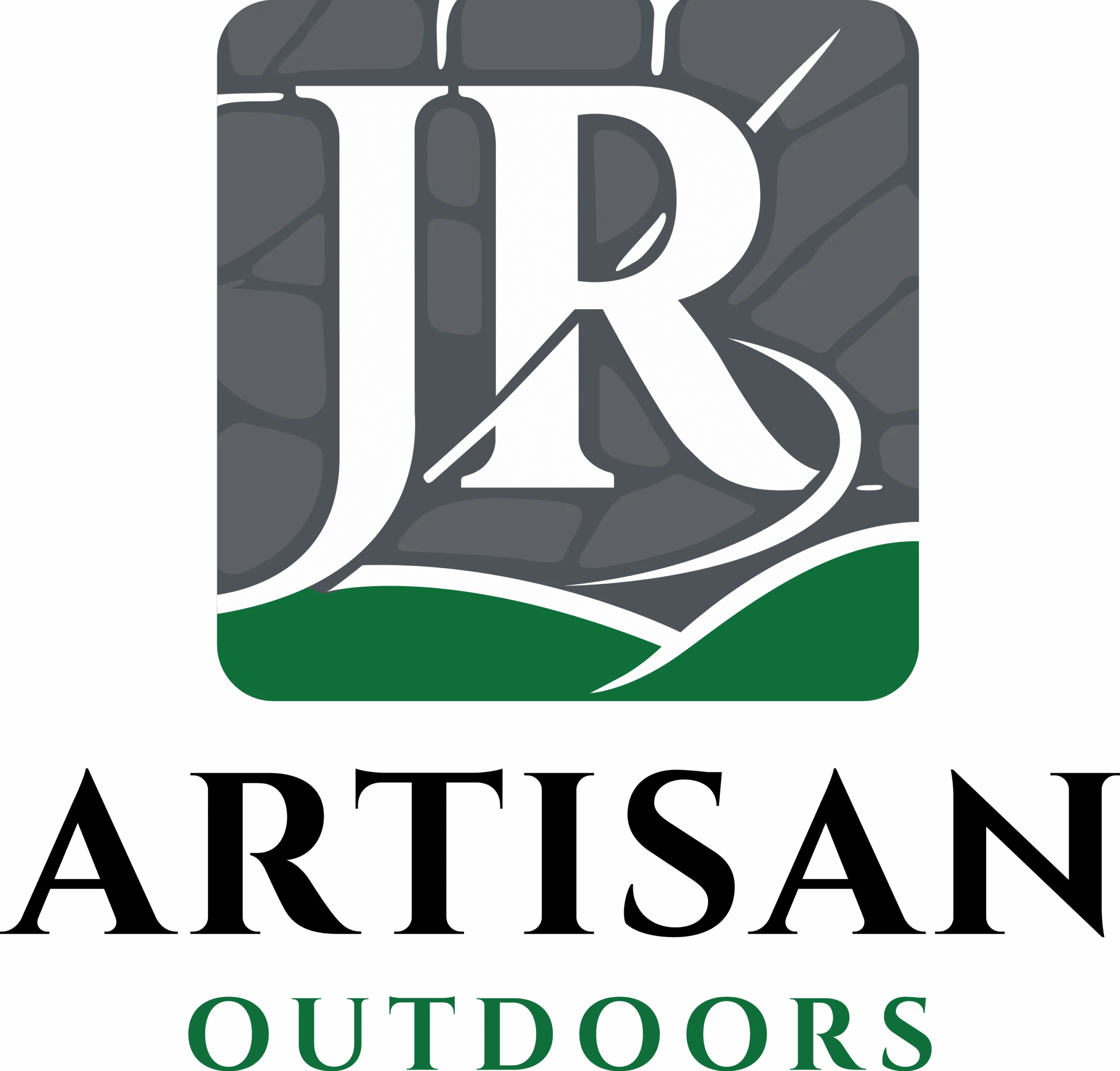 Logo for "JR Artisan Outdoors" featuring large initials "JR" over a gray stone pattern and green curve, with the words "ARTISAN" in black and "OUTDOORS" in green below.