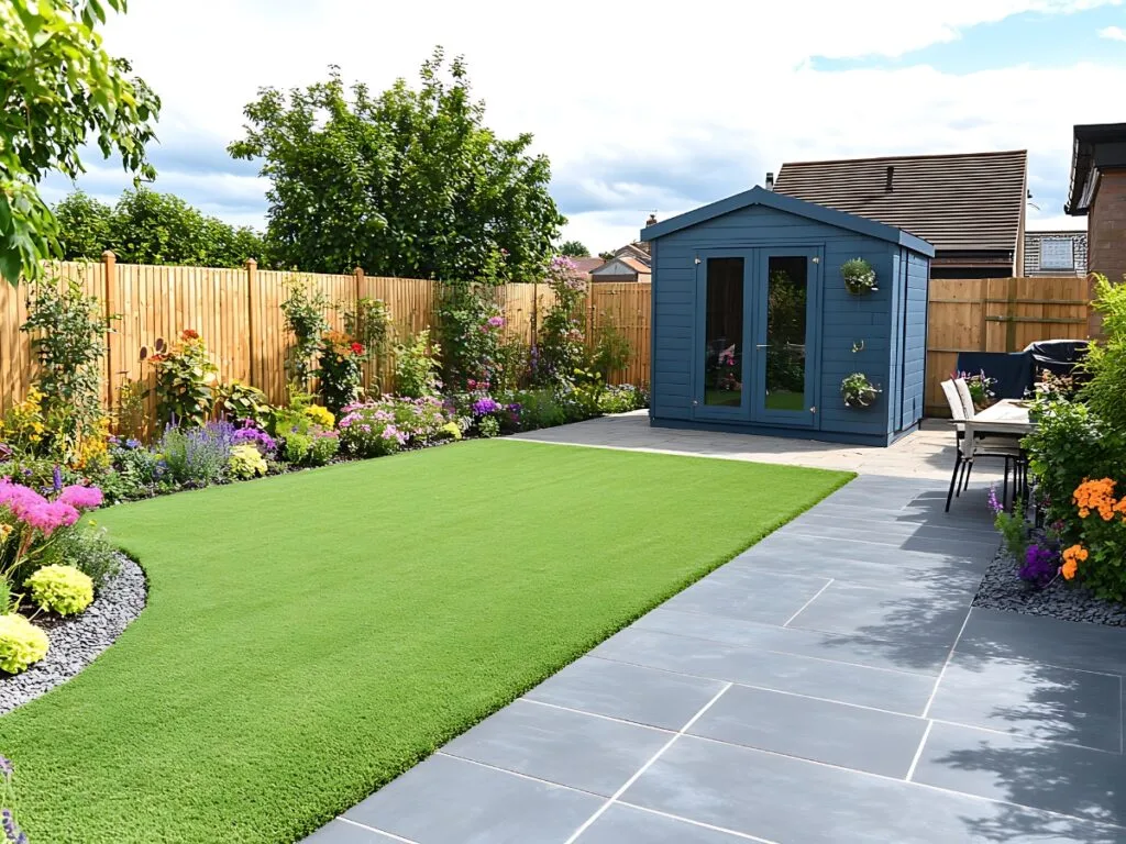 A modern backyard featuring hardscaping ideas for backyard, with an artificial grass lawn, gray stone patio, vibrant flower beds, wooden fence, and a blue garden shed.