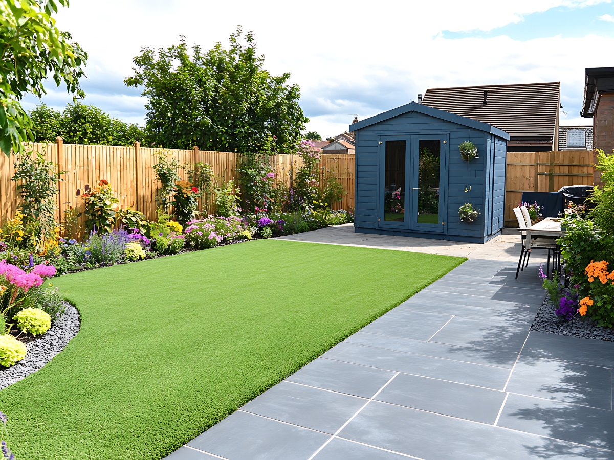 A modern backyard showcasing artificial turf installation with an artificial grass lawn, gray stone patio, vibrant flower beds, a wooden fence, and a blue garden shed.