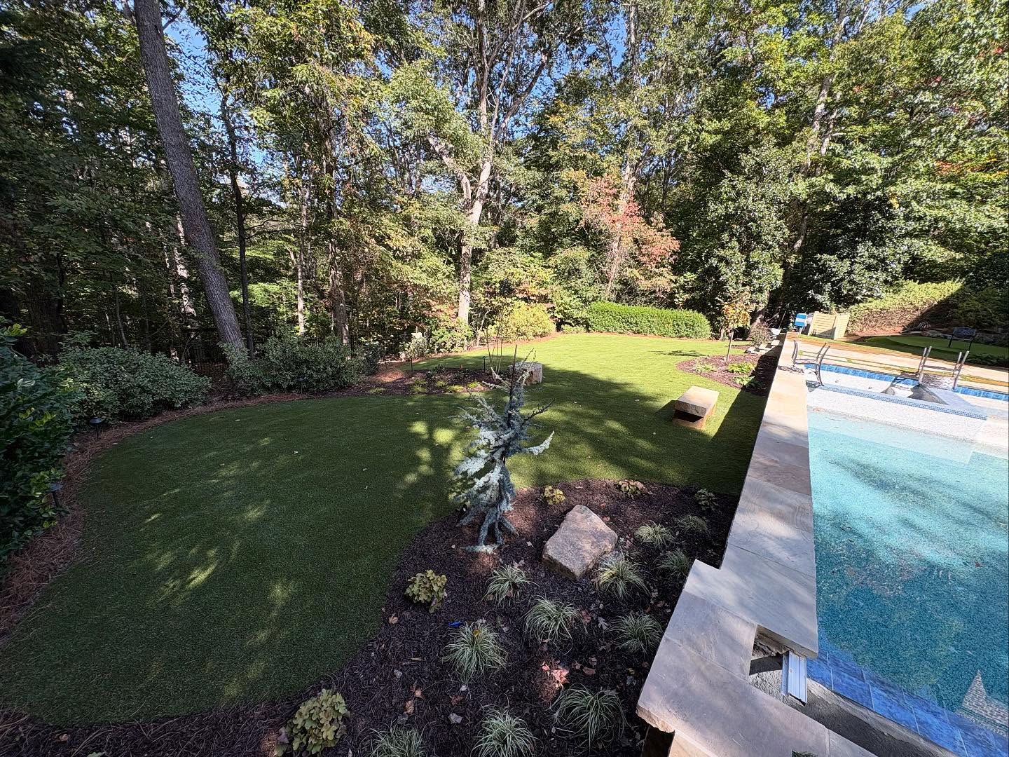 A backyard with a grassy lawn, small landscaped plants, a few benches, and a swimming pool bordered by trees and shrubs.