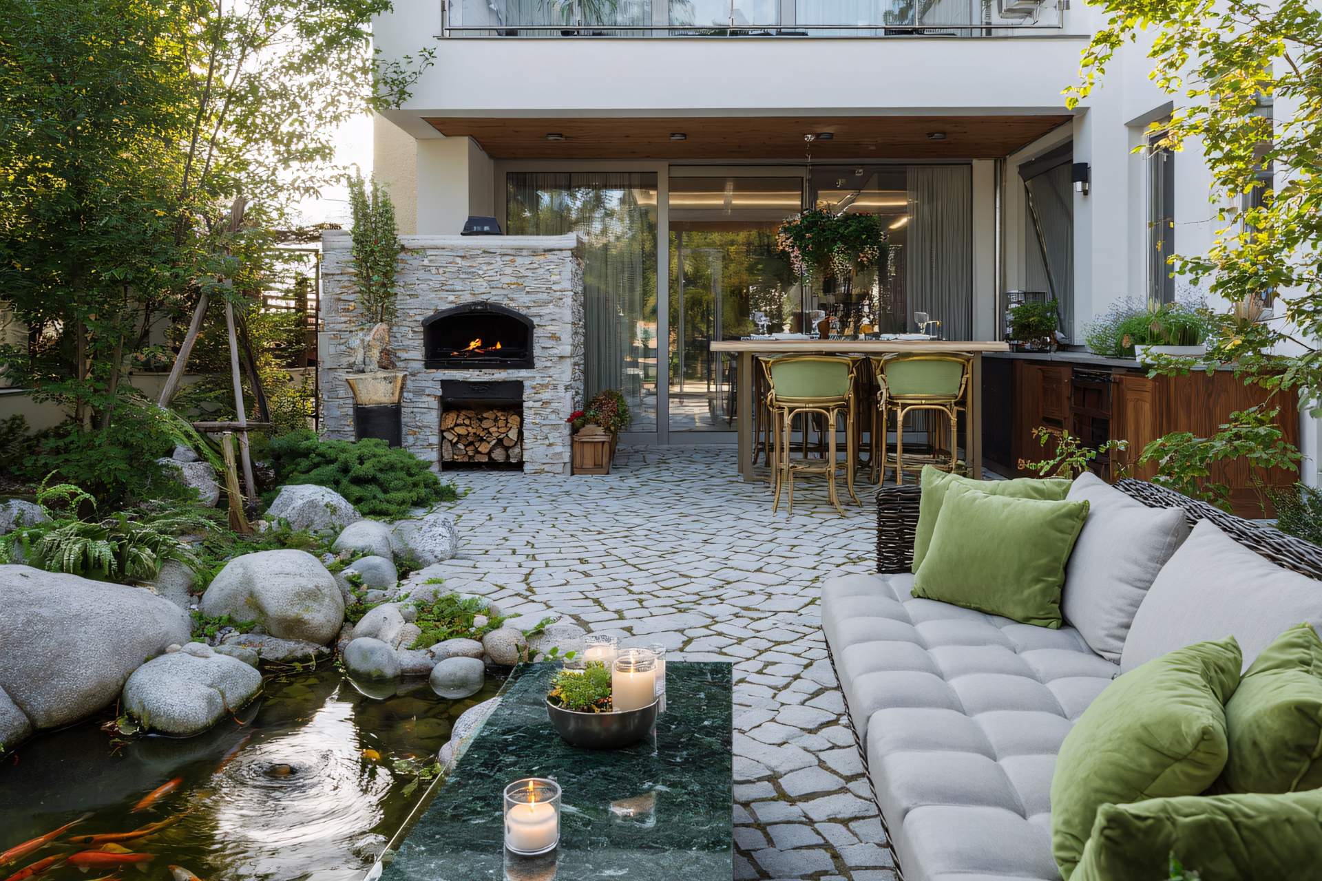 Modern patio featuring outdoor kitchen design installation with a stone oven, cushioned seating, a marble table with candles, and a small pond surrounded by rocks and lush greenery.