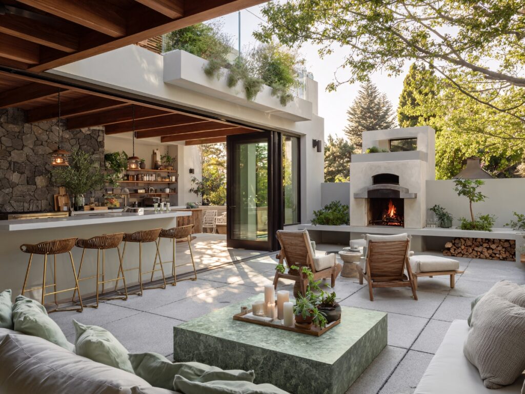 Modern outdoor patio with a marble coffee table, cushioned seating, bar area, and a built-in fireplace sits on elegant pavers, surrounded by greenery and abundant natural light.
