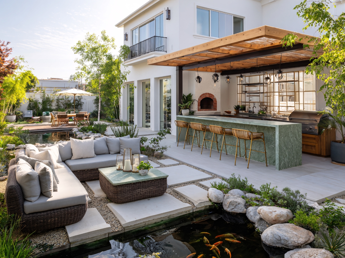 Modern outdoor patio with sleek concrete pavers, a marble bar, wicker seating area, koi pond, pizza oven, and lush landscaping beside a contemporary white house.