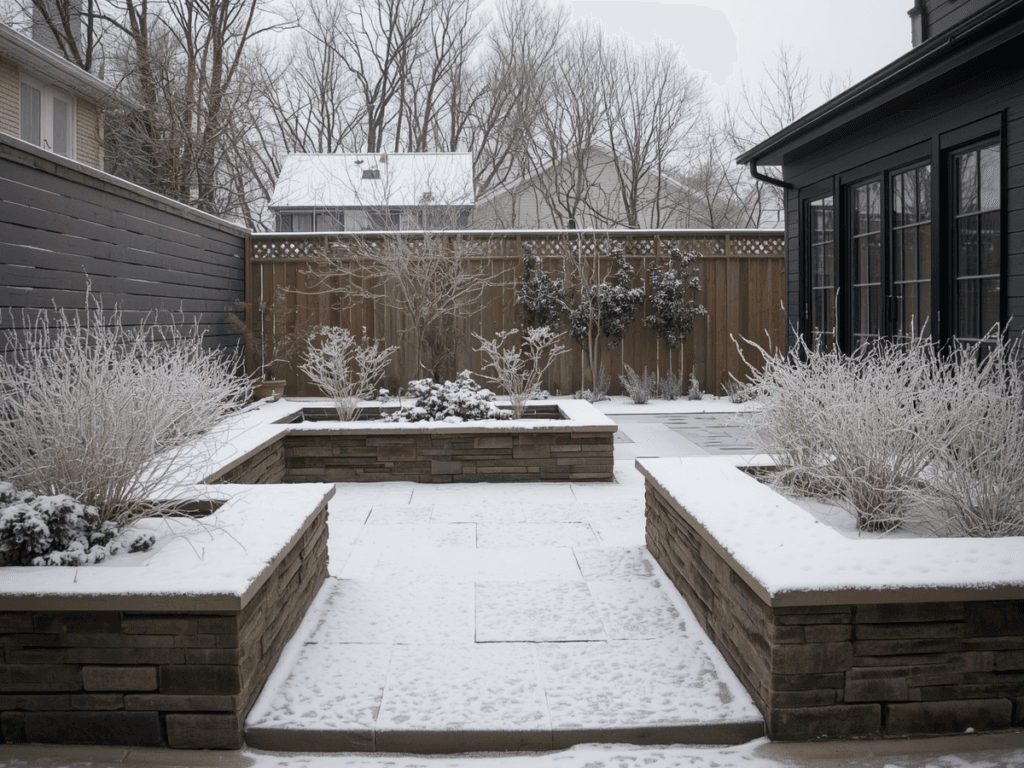 A modern backyard garden with raised stone planters displays light snow covering the ground, plants, and surrounding area on a winter day—highlighting the importance of seasonal hardscape maintenance.
