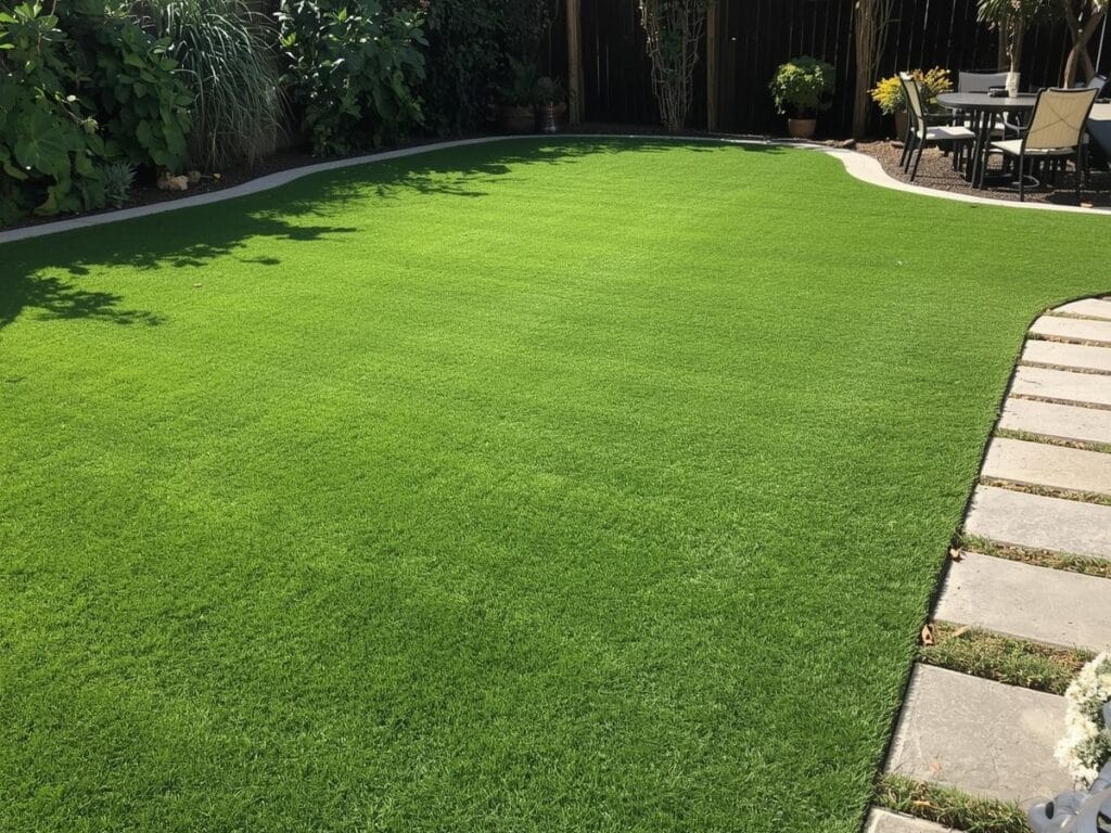 A backyard features a large area of artificial grass, showcasing artificial turf benefits like low maintenance, with a stone pathway on the right, patio furniture, potted plants, and a wooden fence edged in greenery.
