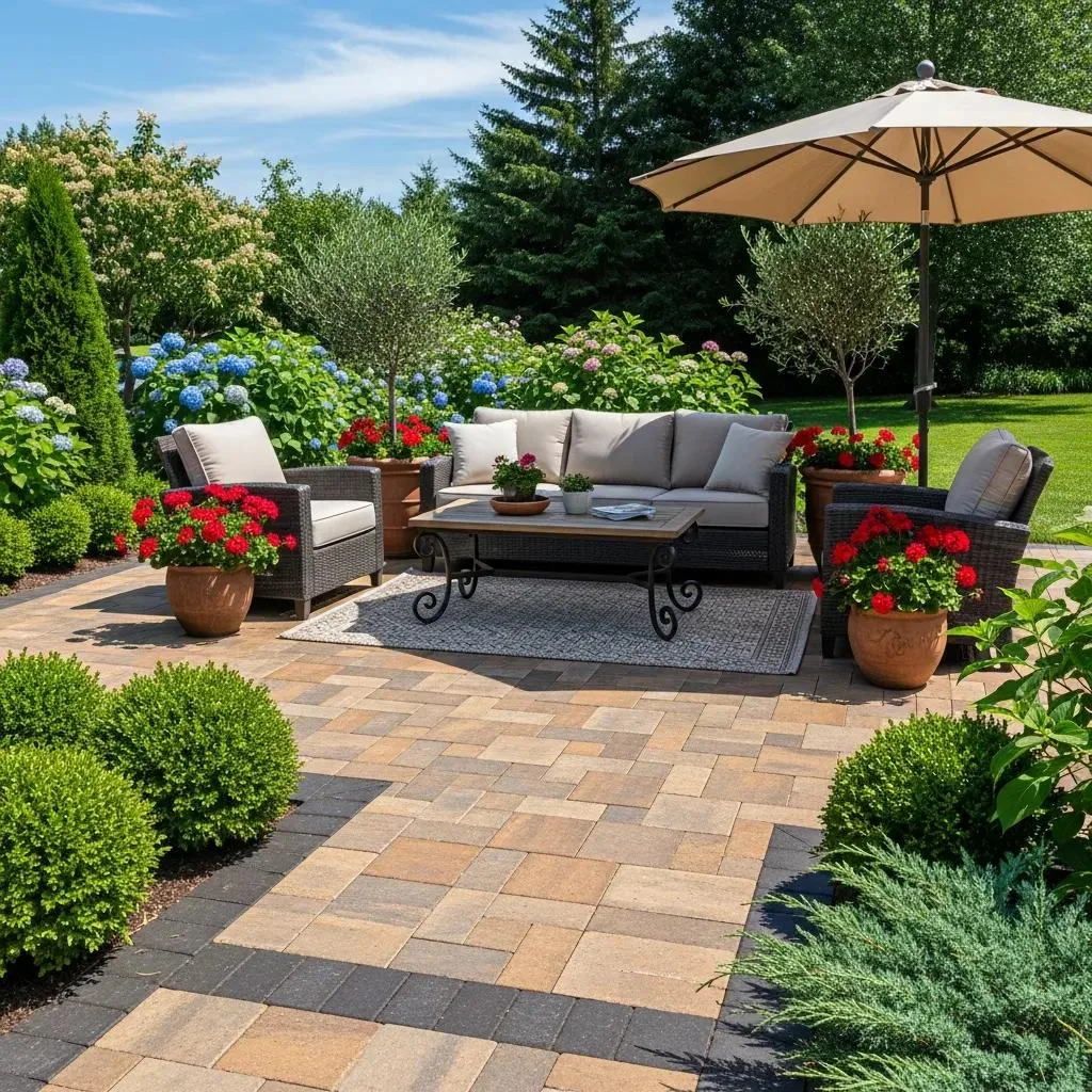 Beautifully maintained paver patio with lush greenery and inviting outdoor furniture