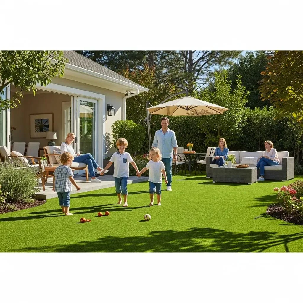 Family enjoying a beautifully landscaped backyard with artificial turf in Metro Atlanta