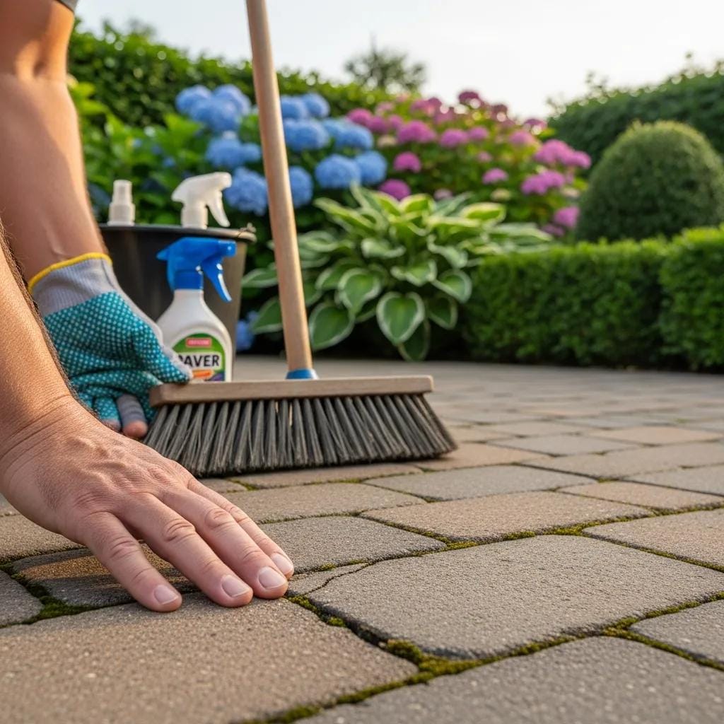 Homeowner inspecting paver patio for maintenance, highlighting essential upkeep practices