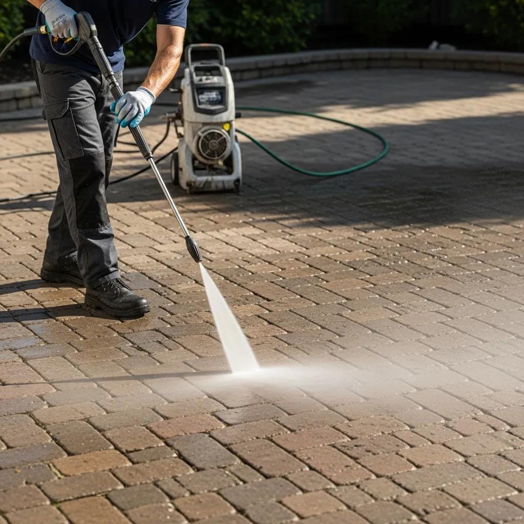 Professional using a pressure washer to clean paver patio, showcasing effective cleaning techniques