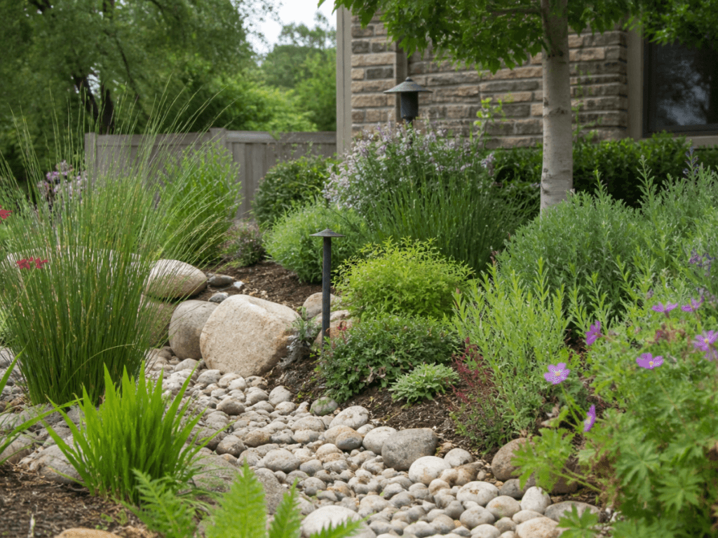A landscaped garden with various green plants, purple flowers, a dry rock creek bed, mosquito control features, and a small black garden light near a house with stone siding.