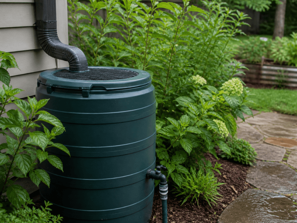 A green rain barrel collecting water from a house downspout, surrounded by lush plants and garden landscaping, features built-in mosquito control for a healthier outdoor space.