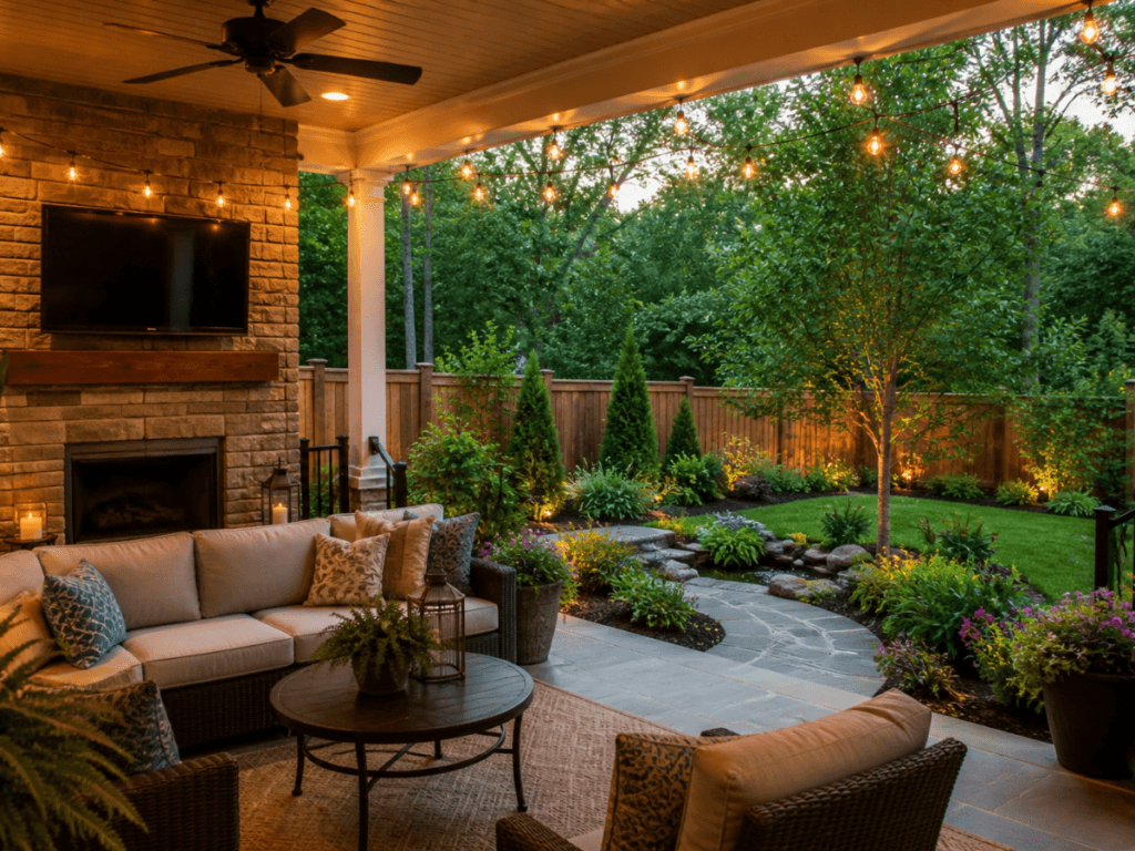 Covered patio with outdoor seating, a fireplace, TV, string lights, and built-in mosquito control overlooks a landscaped backyard garden filled with trees, shrubs, flowers, and a wooden fence.