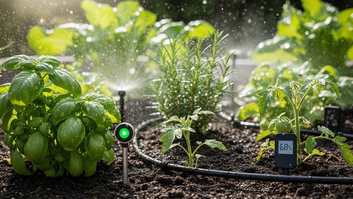 Automated garden irrigation system optimizing water usage in a lush garden