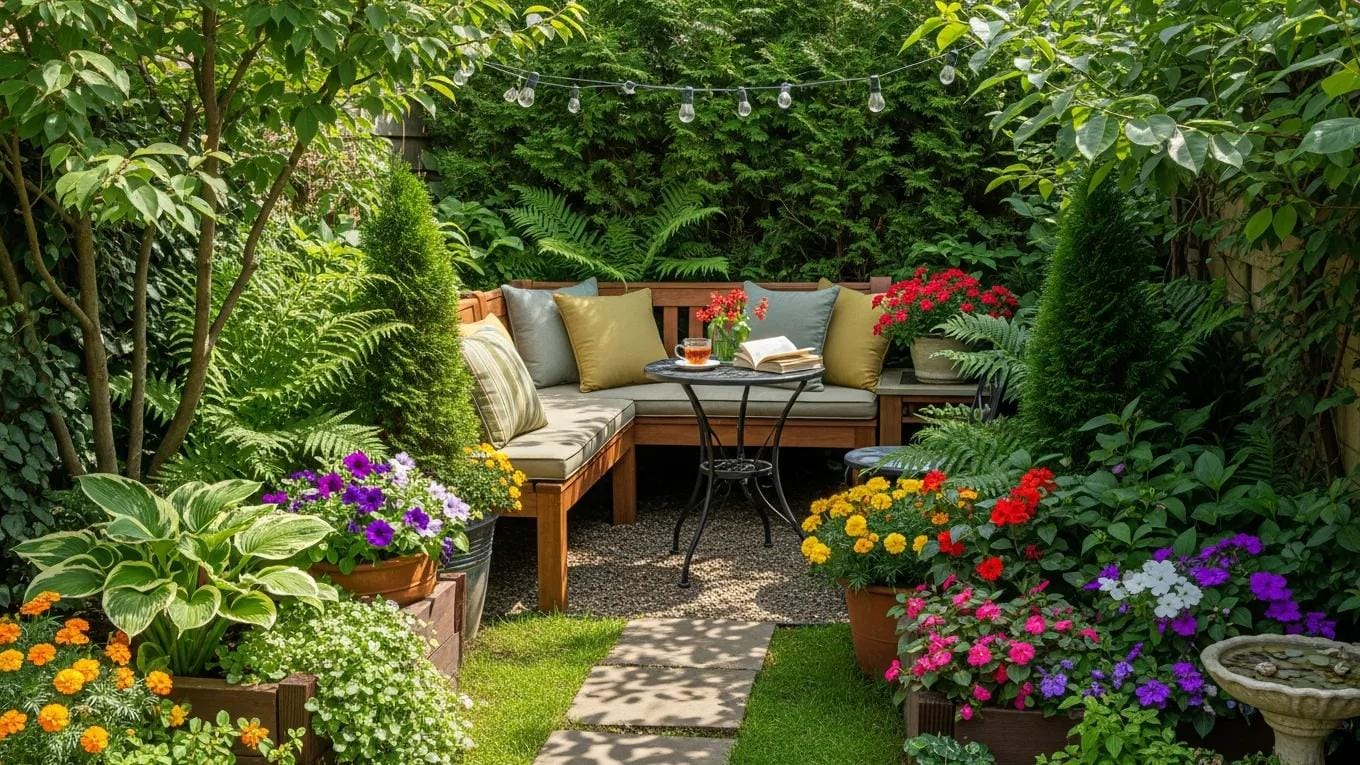 Compact garden design in a small yard with vibrant flowers and cozy seating