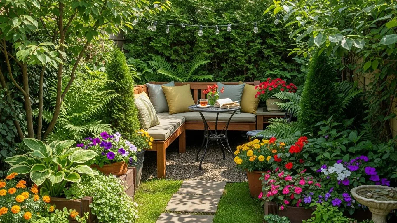 Compact garden design in a small yard with vibrant flowers and cozy seating