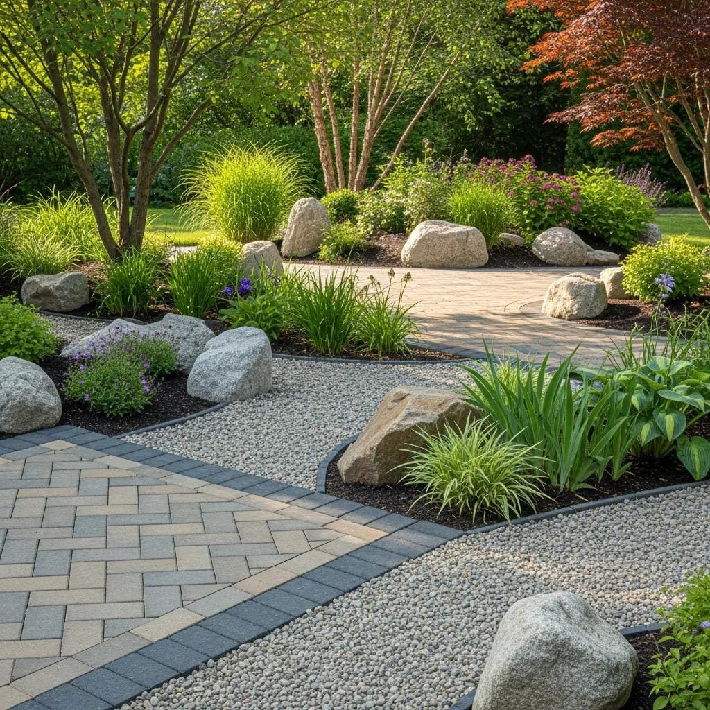 Hardscape design with permeable pavers and gravel pathways to manage water runoff in a landscaped garden