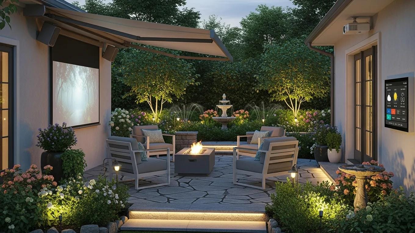 Smart outdoor technology enhancing a modern garden with LED and solar lights