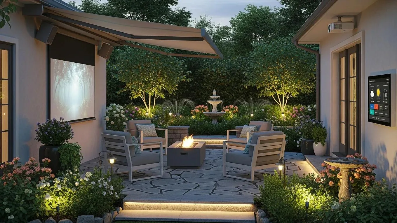 Smart outdoor technology enhancing a modern garden with LED and solar lights