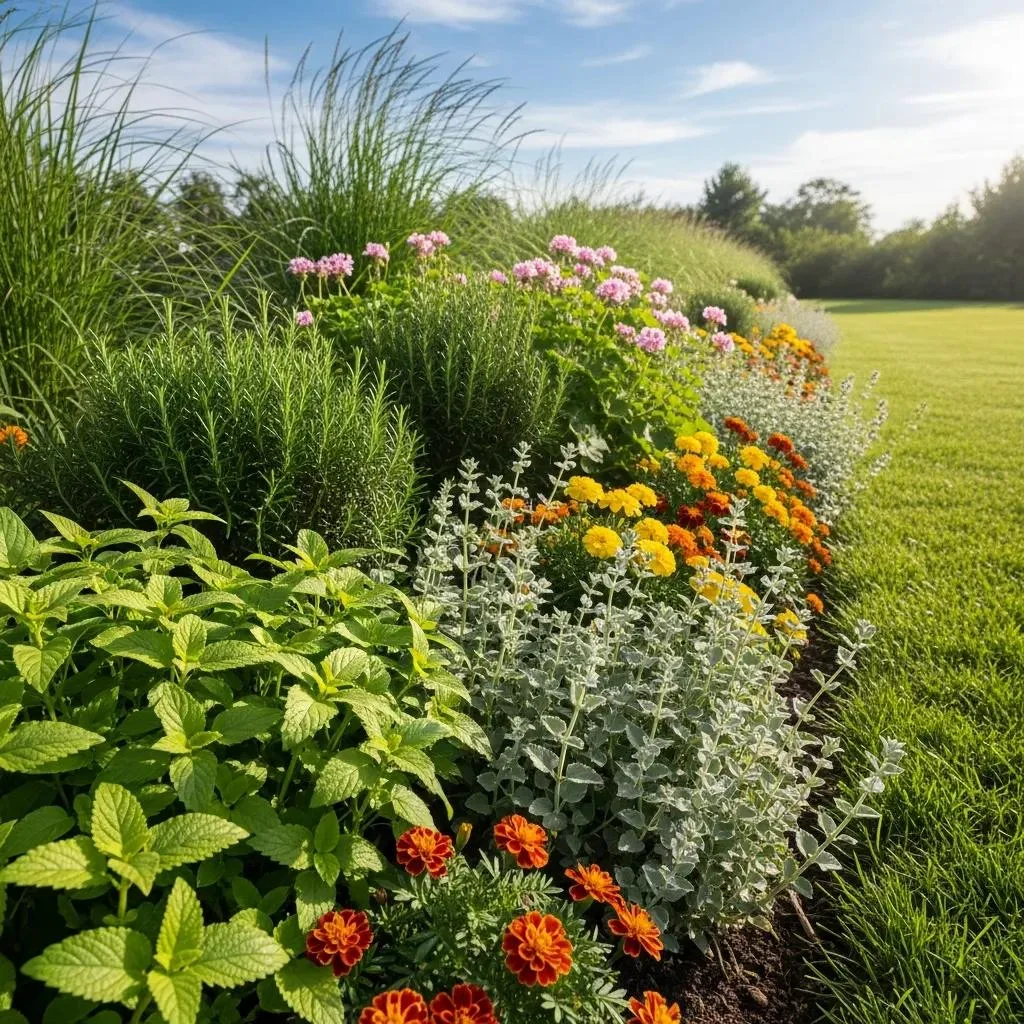 Vibrant garden with mosquito-repellent plants like lemon balm, marigolds, and catnip in a sunny outdoor setting