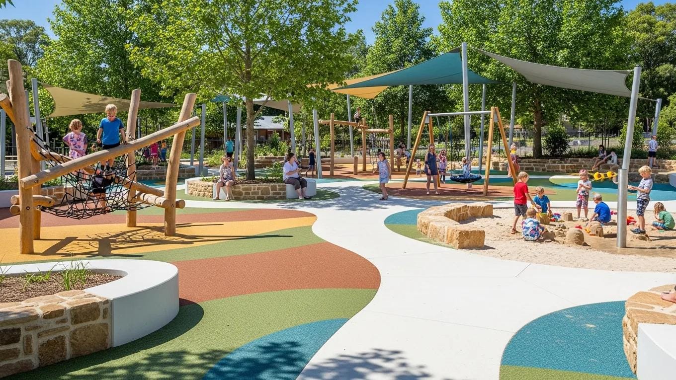 Colorful outdoor play area with children playing, showcasing safe hardscaping elements