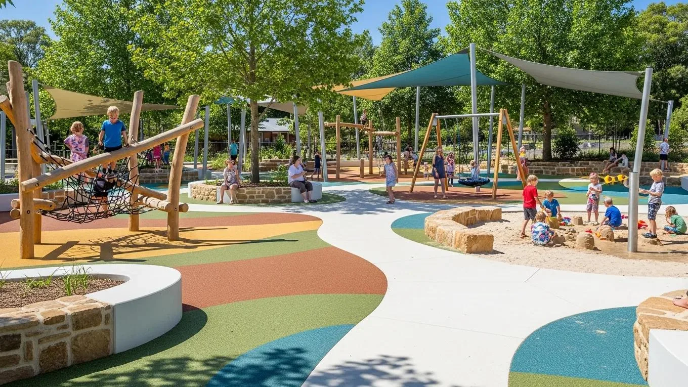 Colorful outdoor play area with children playing, showcasing safe hardscaping elements
