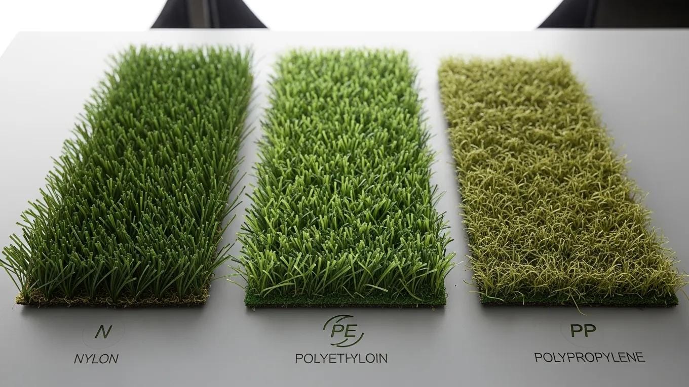 Close-up of synthetic grass samples, showcasing nylon, polyethylene, and polypropylene types for comparison