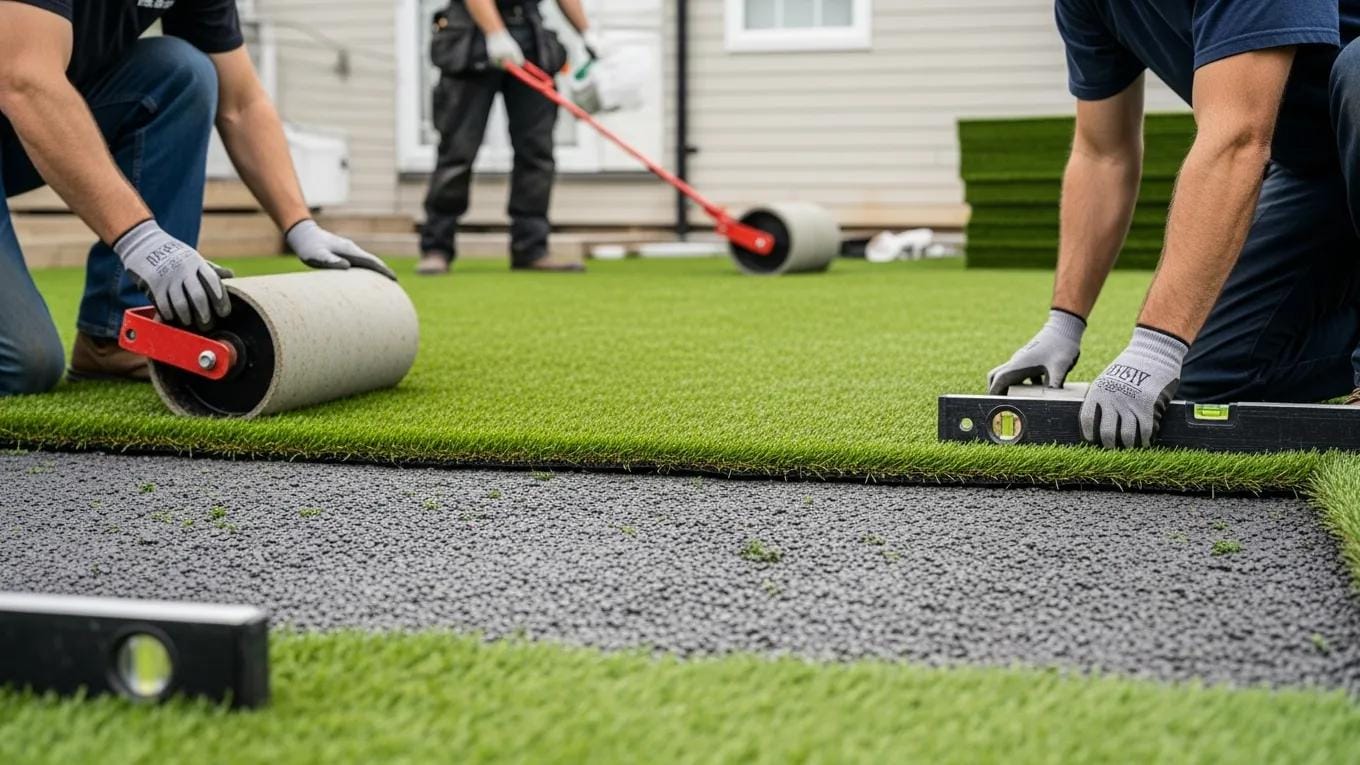 Professional installing artificial turf, illustrating the installation process and tools used