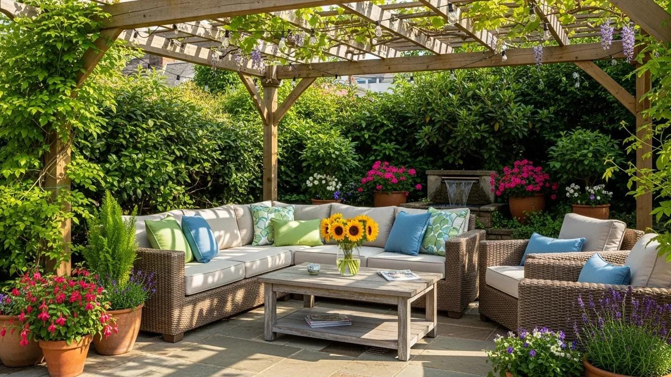 Summer patio with comfortable seating and stylish shade solution