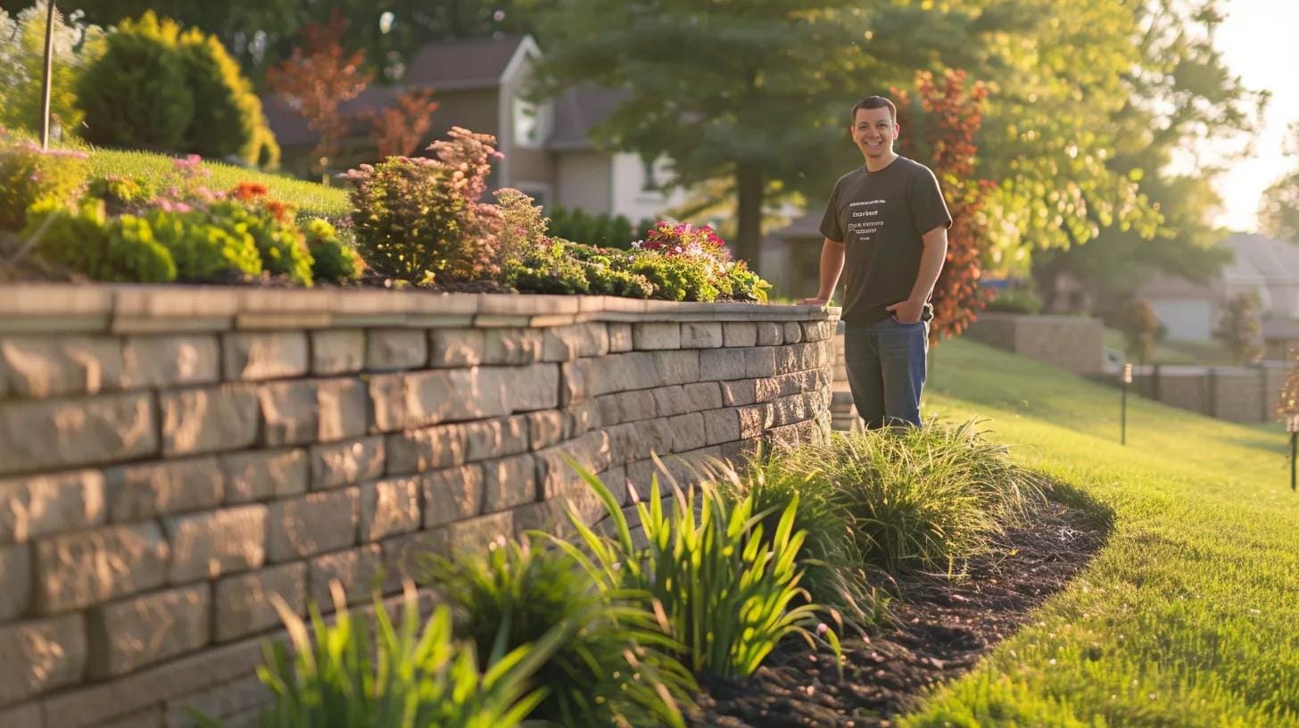 Satisfied homeowner next to a newly installed segmental retaining wall, showcasing customer satisfaction and quality
