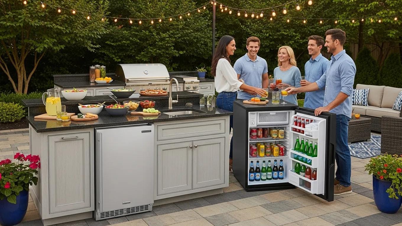 Outdoor kitchen with built-in and portable refrigerators, showcasing refrigeration options for outdoor spaces