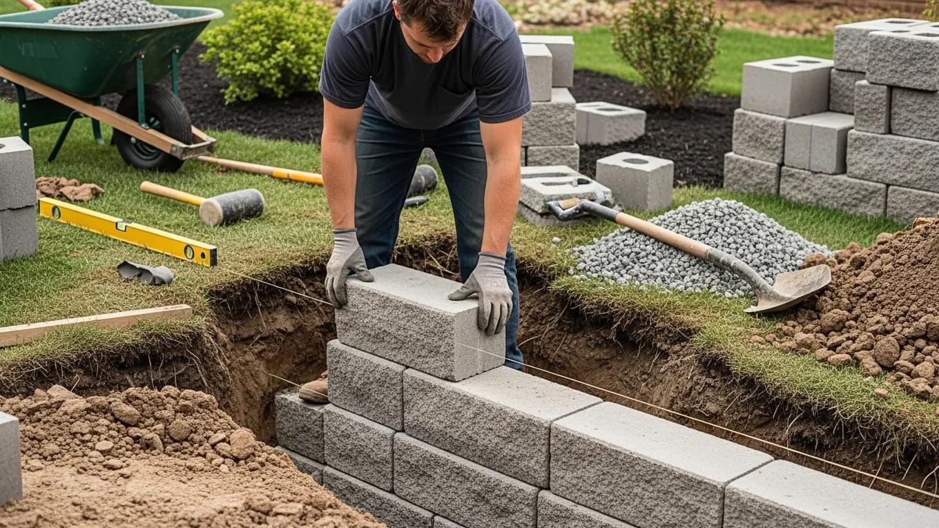 Professional contractor installing a segmental retaining wall in a residential yard, showcasing the installation process