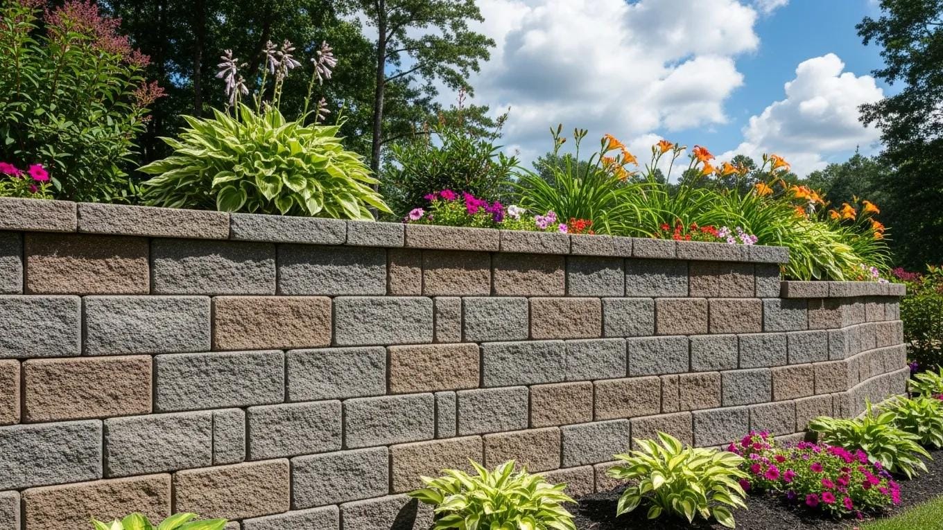 Professional contractor installing a segmental retaining wall in a residential yard, showcasing the installation process
